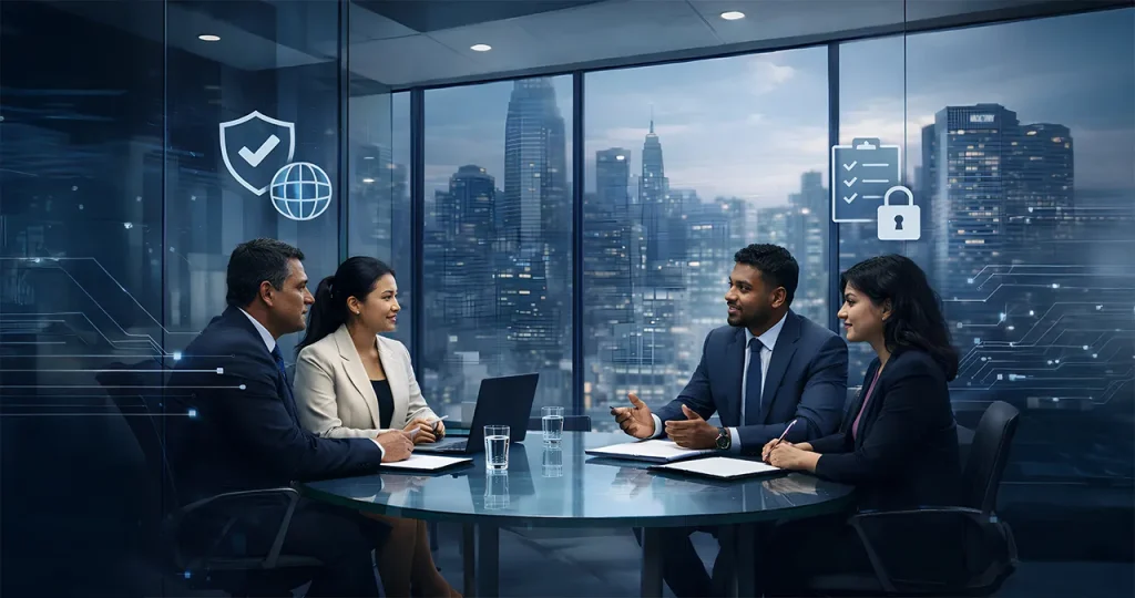 Corporate business professionals discussing secure BPO partnerships with data security and compliance icons overlaying a cityscape background.