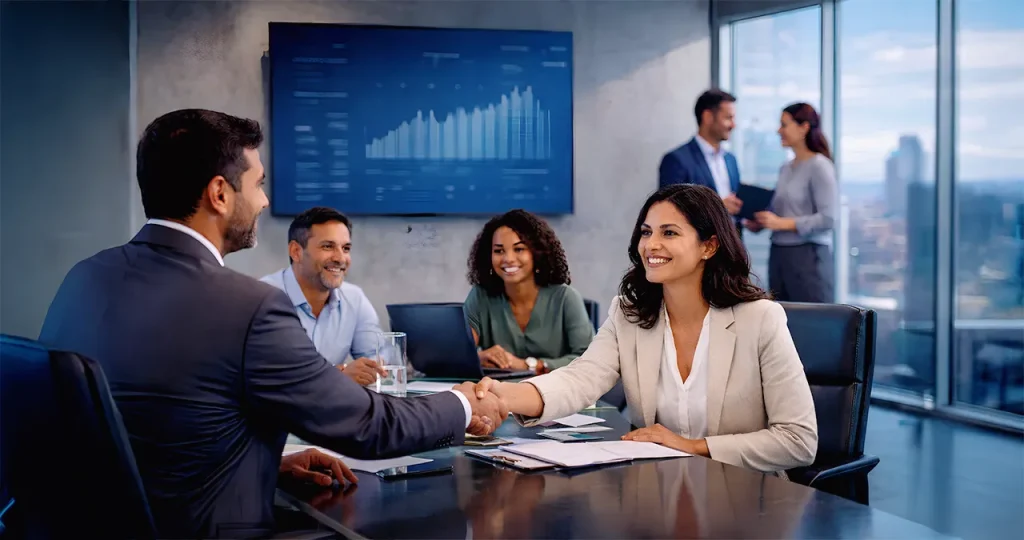 Team of professionals in a modern office collaborating on financial analytics and back-office solutions at a leading BPO company