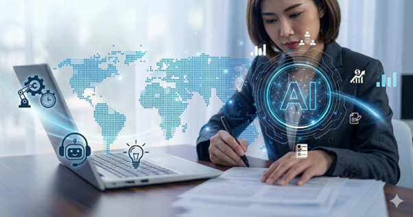 A business professional leveraging AI technology and digital automation tools at Infomate, a top BPO company in Sri Lanka.