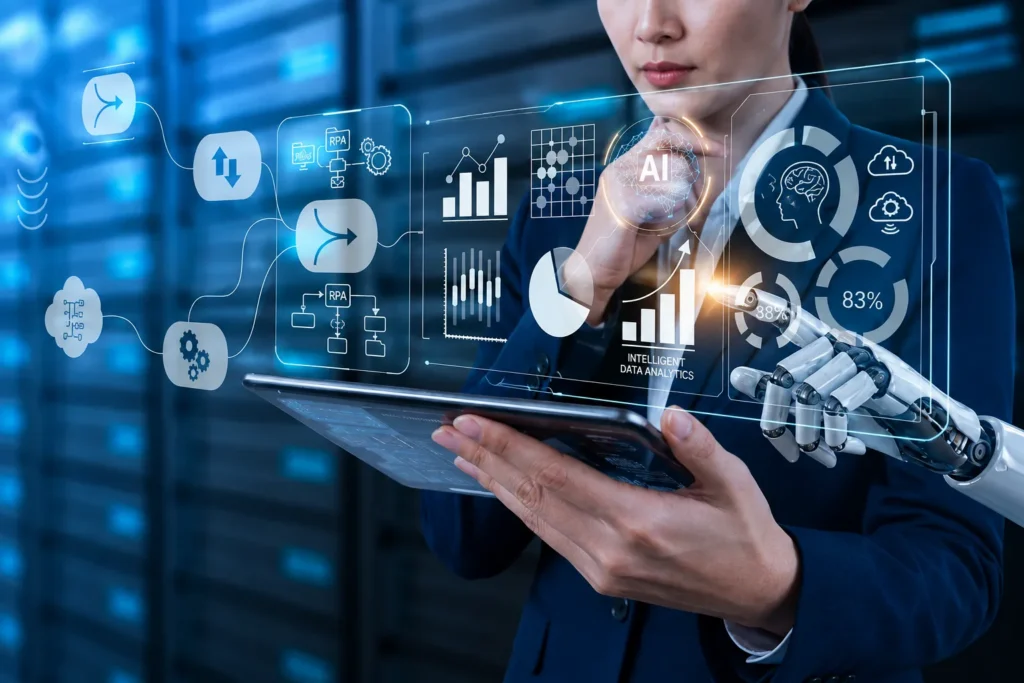 Business professional using AI technology to improve finance, accounting, and business process outsourcing operations