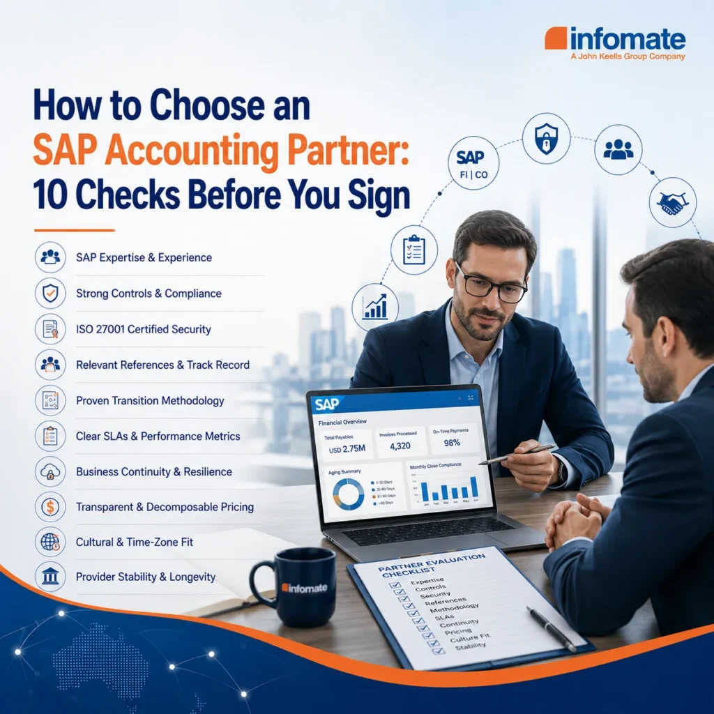 SAP accounting partner evaluation covering expertise, security, SLAs, pricing, business continuity and provider stability.