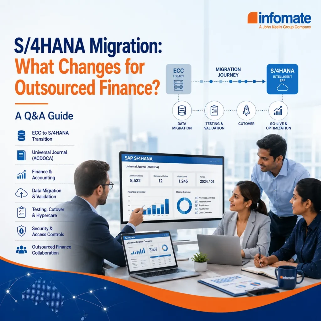S/4HANA migration outsourced finance team reviewing SAP finance, data migration, testing and security processes.