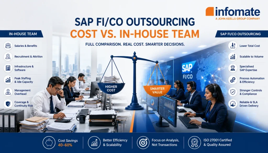 SAP FI/CO outsourcing cost comparison between an in-house finance team and outsourced finance operations, highlighting efficiency, scalability, and cost savings.