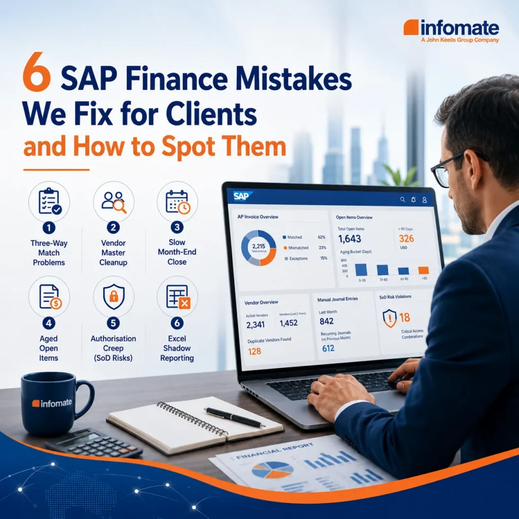 Infomate SAP finance professional reviewing common SAP finance mistakes, including vendor master, month-end close and segregation of duties issues.