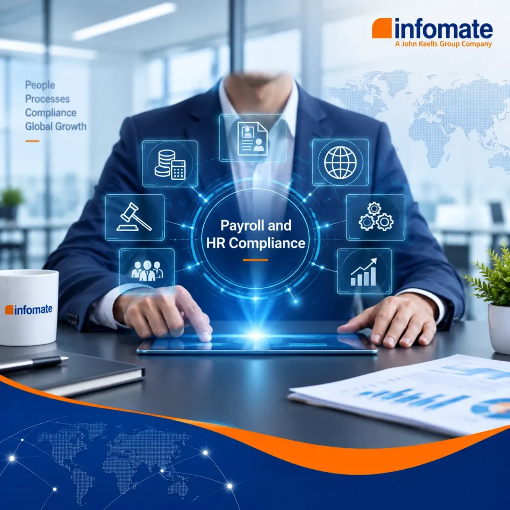 Infomate blog feature image showing a businessman in a blue suit with a digital hologram interface displaying Payroll and HR Compliance text and icons.
