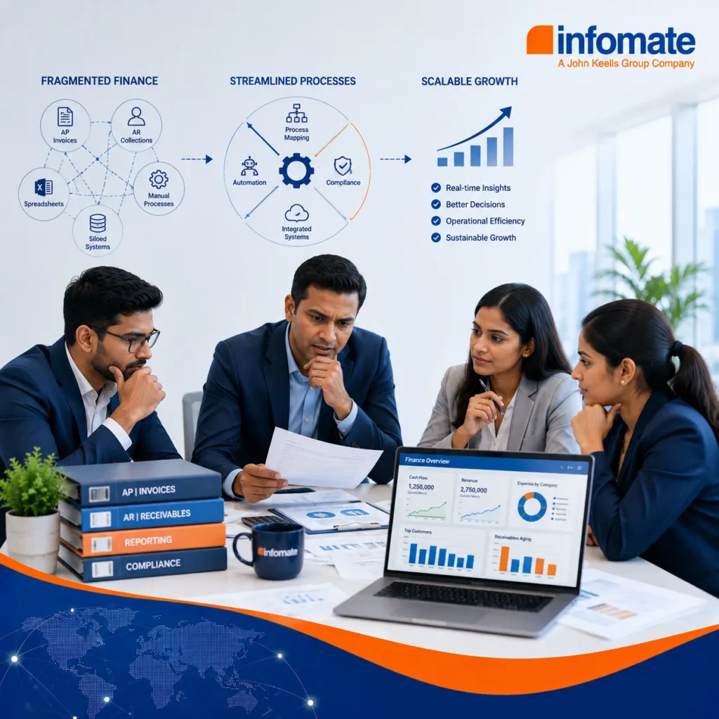Infomate finance team streamlining complex finance operations through process mapping, automation and integrated systems for scalable business growth.