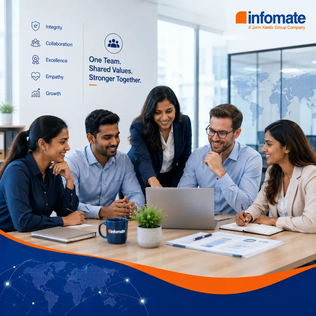 Infomate team demonstrating strong company culture, collaboration and shared values in a global outsourcing partnership.